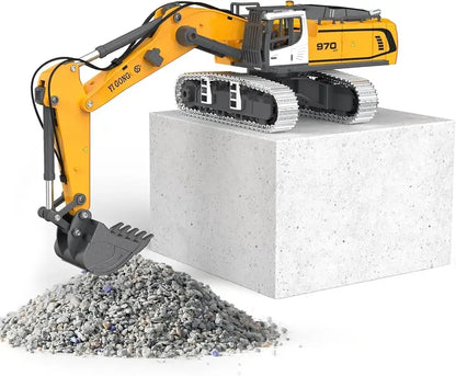 VOT Certified Micro-Scale Pro-Grade RC Excavator with detailed controls and realistic design, displayed next to a concrete block.