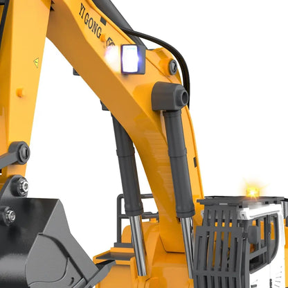 Close-up of the VOT Certified Micro-Scale Pro-Grade RC Excavator's boom and light, showcasing detailed remote control construction equipment.