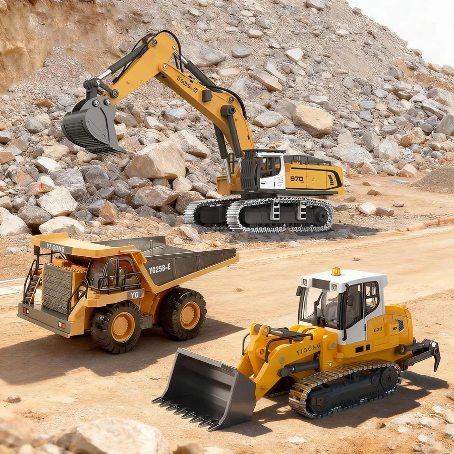 VOT Certified micro-scale RC bulldozer with remote control, detailed construction site setting, showcasing realistic construction vehicle features.