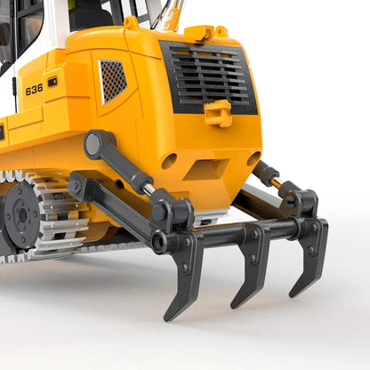 Close-up of VOT Certified micro-scale RC bulldozer with rear ripper, showcasing detailed remote control crawler loader features.