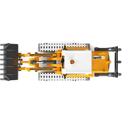 VOT Certified Micro-Scale Pro-Grade RC Bulldozer with top view of crawler tracks and bucket for detailed remote control operation.