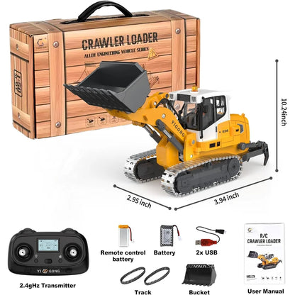 VOT Certified micro-scale remote control bulldozer with realistic details and accessories inside a wooden box.