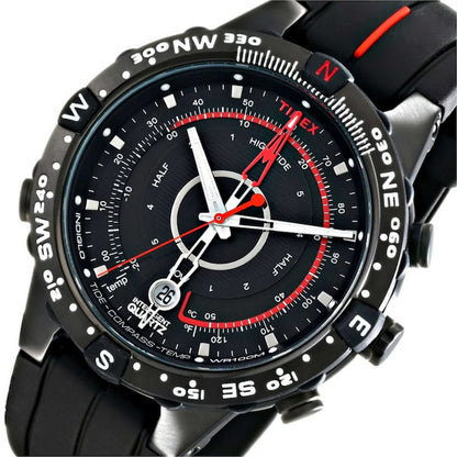 Timex Quartz Tide-Temp-Compass Watch showing tide, temperature, and compass features on a sleek wristwatch display.