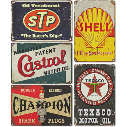 Set of 5 double-sided PVC garage signs featuring vintage gas and oil tin designs by Signs.