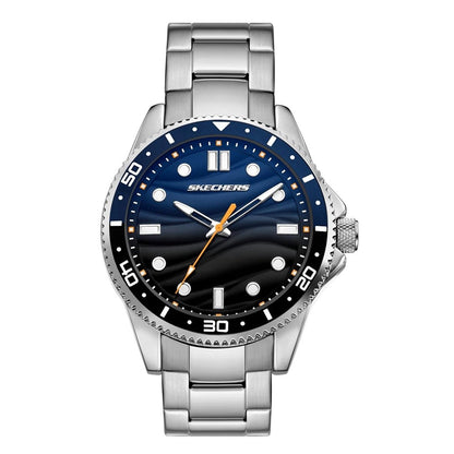 A Skechers men's stainless steel watch with a blue and black wave-pattern dial, silver-tone metal link bracelet, and a dark blue bezel with white markings.