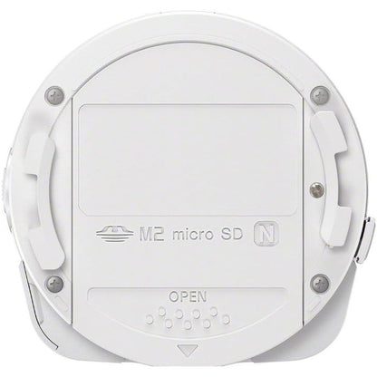 White robotic vacuum cleaner underside showing the battery compartment with 'M2 micro SD' and 'N' markings, plus side release latches and screws.