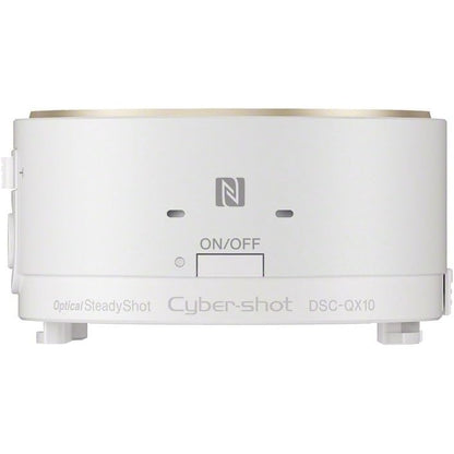 Cyber-shot DSC-QX10 Optical SteadyShot tripod head in white with a gold rim, featuring a power switch and NFC icon on the front.