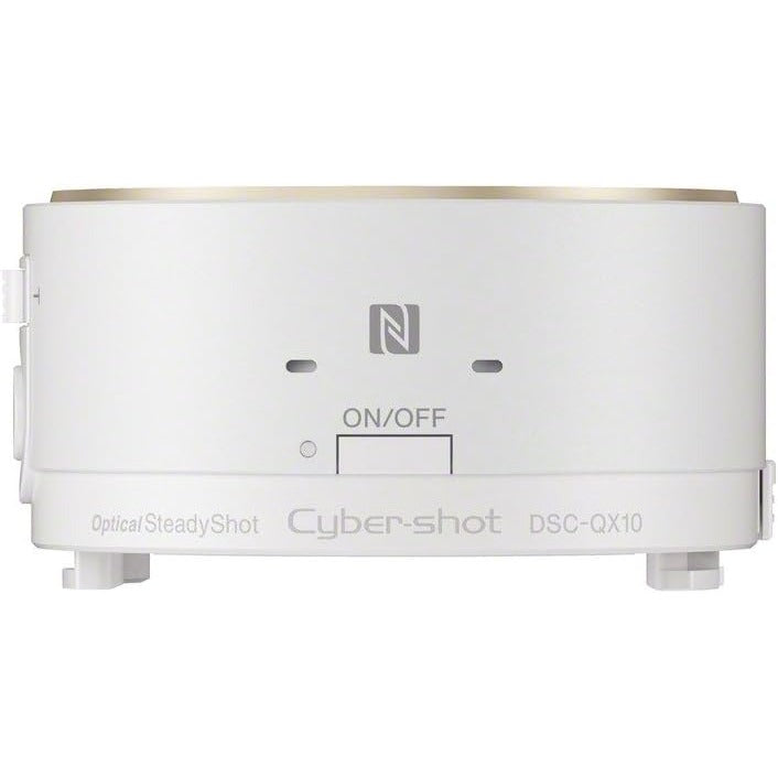 Cyber-shot DSC-QX10 Optical SteadyShot tripod head in white with a gold rim, featuring a power switch and NFC icon on the front.
