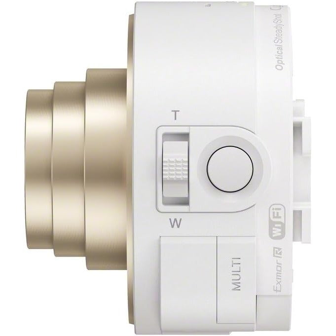 A close-up of a white and gold camera body, likely a Sony EXMOR R smart camera, featuring a gold-colored lens barrel, white body, a sliding focus switch labeled T and W, and a round button.