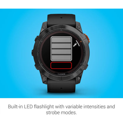 Garmin Fenix 7X Pro Solar watch with black band and large digital display showing time and health metrics.