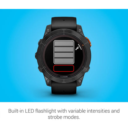 Garmin Fenix 7 Pro Solar GPS smartwatch with black band and digital display, showing fitness tracking features.