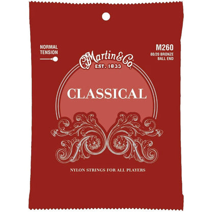 Martin classical guitar strings labeled with the brand name, shown in a close-up image of the packaging.