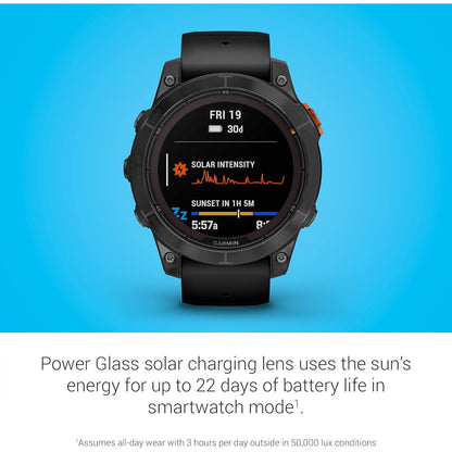 Garmin Fenix 7 Pro Solar GPS smartwatch showing a black fitness band and digital display with various outdoor tracking features.