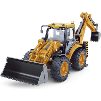 Diecast Bulldozer Back Hoe model in 1:50 scale by Dollox, detailed construction vehicle with realistic features.