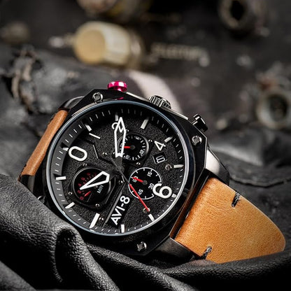 AVI-8 Hawker Hunter Pilot Watch with retrograde chronograph, featuring a sleek black dial and aviation-inspired design.