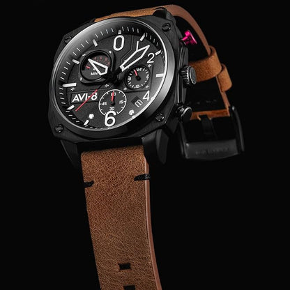 AVI-8 Hawker Hunter Pilot Watch with retrograde chronograph, featuring a black dial, aviation-inspired design, and stainless steel strap.
