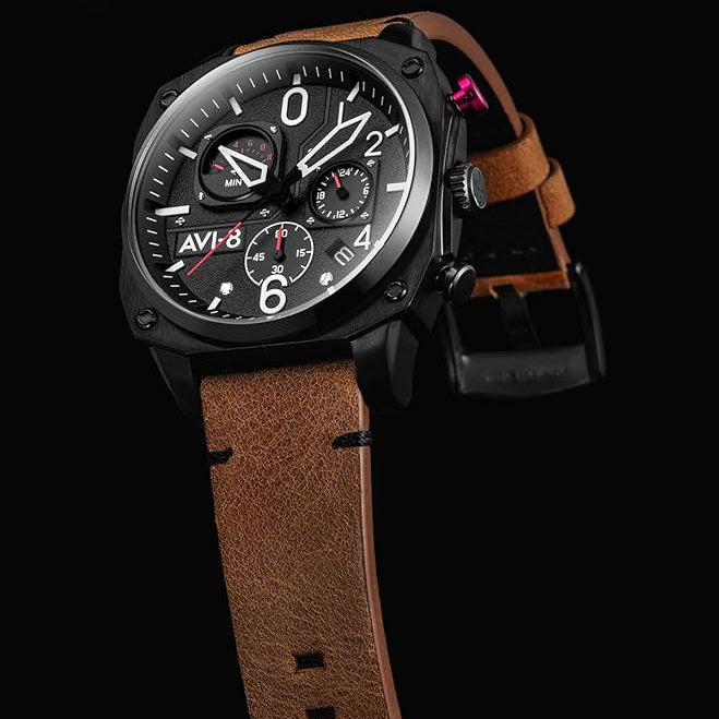 AVI-8 Hawker Hunter Pilot Watch with retrograde chronograph, featuring a black dial, aviation-inspired design, and stainless steel strap.