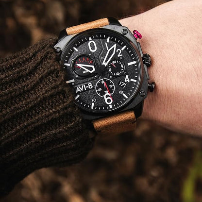 AVI-8 Hawker Hunter Pilot Watch with retrograde chronograph, featuring a black dial, white markers, and aviation-inspired design.