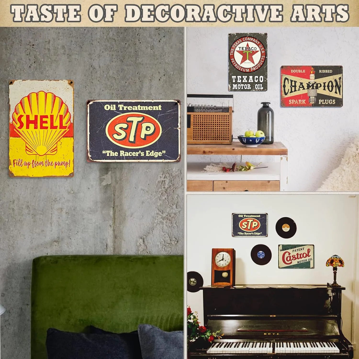 Set of 5 vintage double-sided PVC garage signs by Signs featuring tin construction with decorative, nostalgic garage-themed designs.