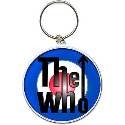 A round metal keychain featuring the 'The Who' band logo in black text over a blue, white, and red target design, attached to a silver split ring on a white background.