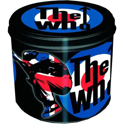 Round container with 'The Who' logo and silhouette design on a white background