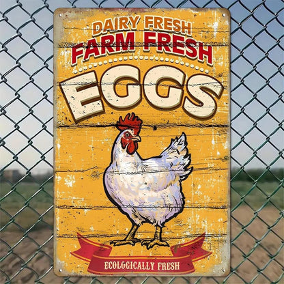 Vintage VOT Certified tin sign featuring farm-fresh eggs design, perfect for farmhouse or kitchen decor.
