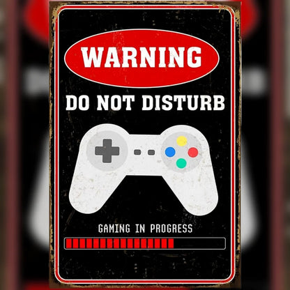 VOT Certified Game in Progress tin sign with warning message, metal sign depicting a gaming in progress notification.