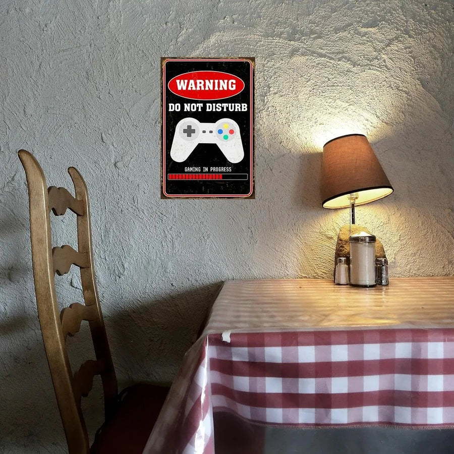 VOT Certified metal tin sign with "Game in Progress" warning, perfect wall decor for game rooms and gaming areas.