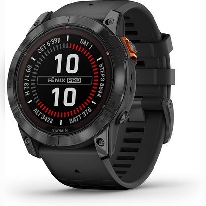 Garmin Fenix 7 Pro Solar GPS smartwatch shown from a side angle, displaying its square screen and sleek design.
