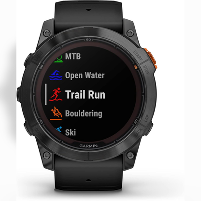 Garmin Fenix 7 Pro Solar GPS smartwatch displaying a square watch face with digital fitness and navigation features.