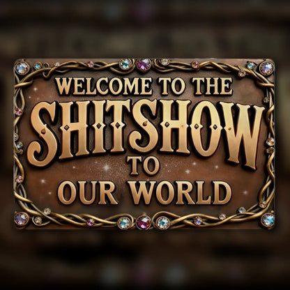 VOT Certified Welcome To Our World Tin Sign with humorous design, metal wall decor for home or office display.